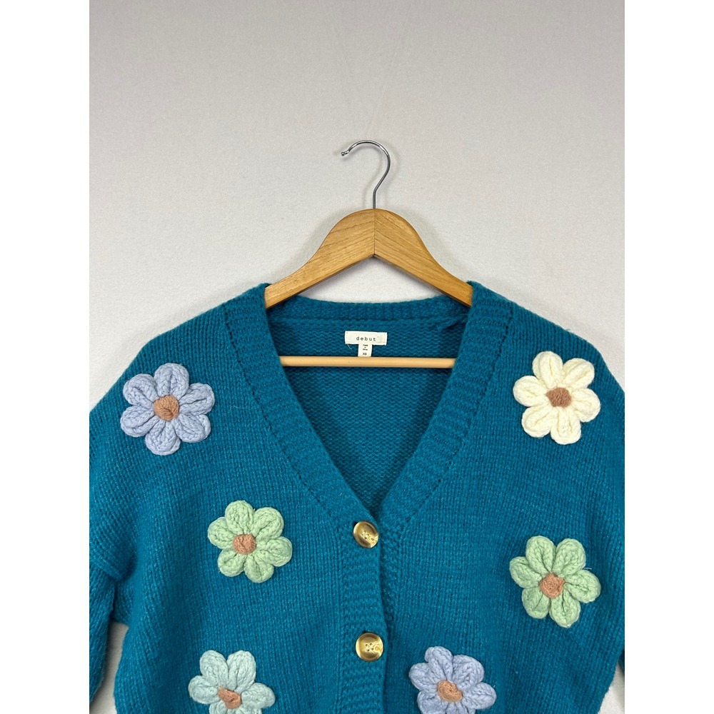 Cottagecore Debut Women XS Teal Blue 3D Floral Crochet Chunky Cropped Cardigan - Picture 7 of 9